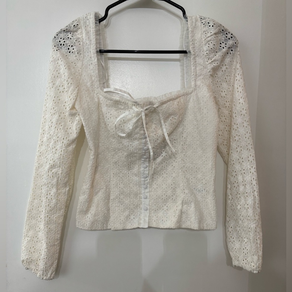Joie White Long Sleeve Cotton Eyelet Embroidered Square Neck Top XS Cottage Core